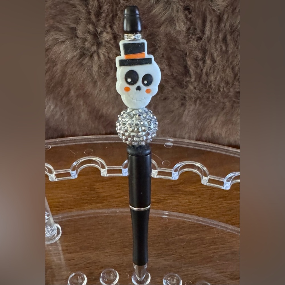 Halloween Skull With Hat Pen NEW Focal Beads Handmade Fall Spooky Sparkly Cute 💀